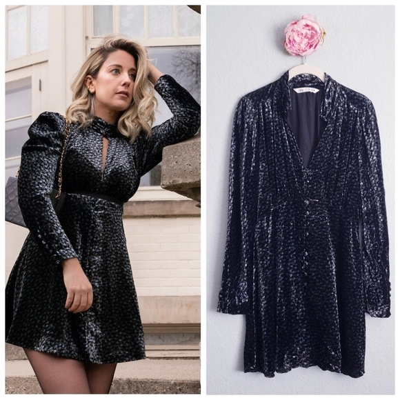 Zara Black and Blue Long Sleeve Velvet Mini Dress - Picture 1 of 8